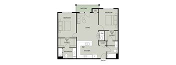 A floor plan of an apartment with two bedrooms, a living room, a bathroom, a kitchen, and a balcony.