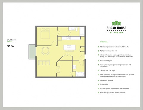 a floor plan of a house with yellow floors and a bedroom and a living room at Sugar House Apartments By Urbana, Salt Lake City, UT, 84105