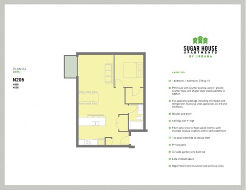 a floor plan of a house with a yellow at Sugar House Apartments By Urbana, Salt Lake City, UT, 84105