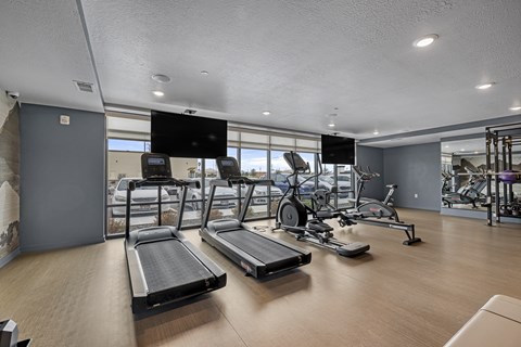 A gym with treadmills and exercise equipment.