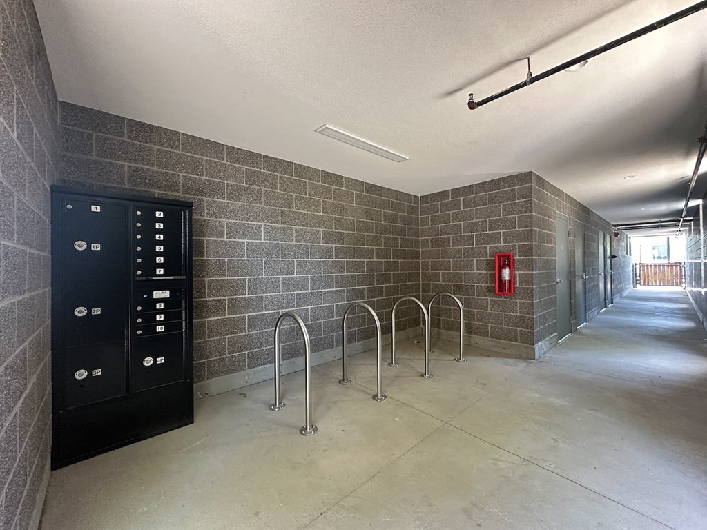 the lobby of a building with vending machines and a fire hydrant