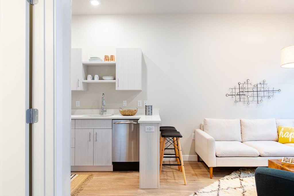 a living room with a couch and a kitchen with a counter