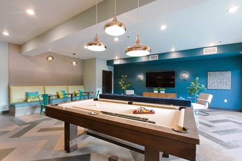 a game room with a pool table and a tv