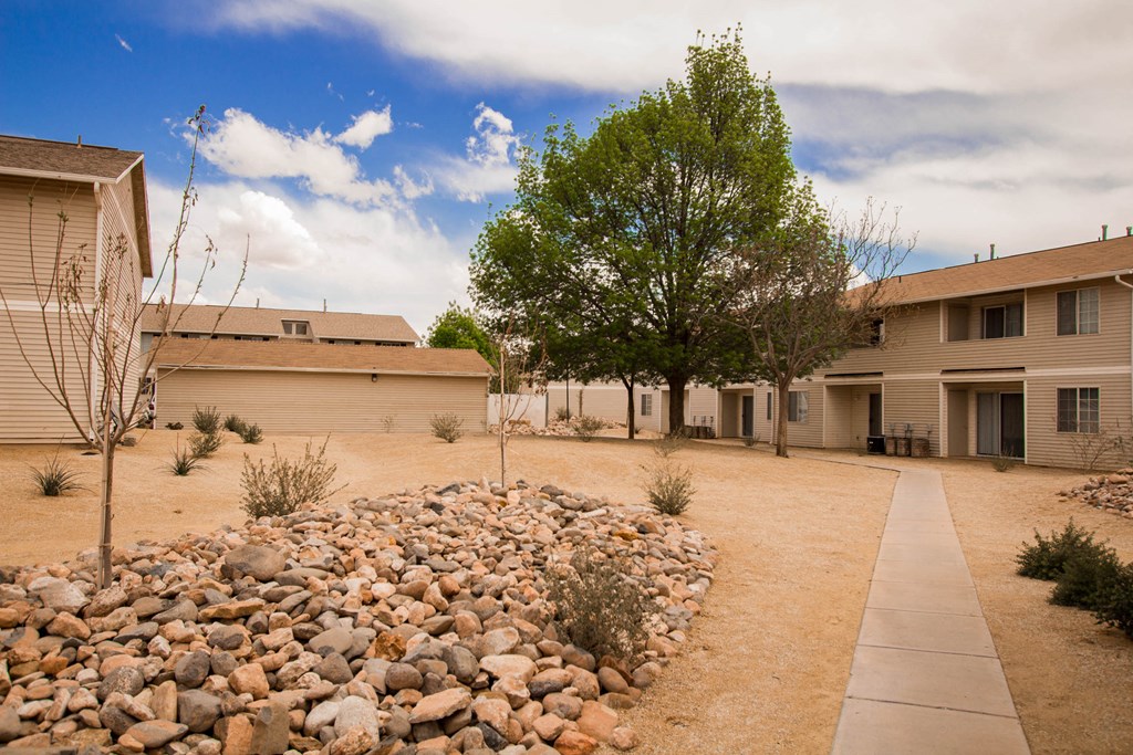 a yard with rocks and a tree in front of a house