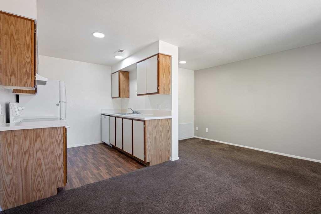 a living room with a kitchen and a carpeted floor