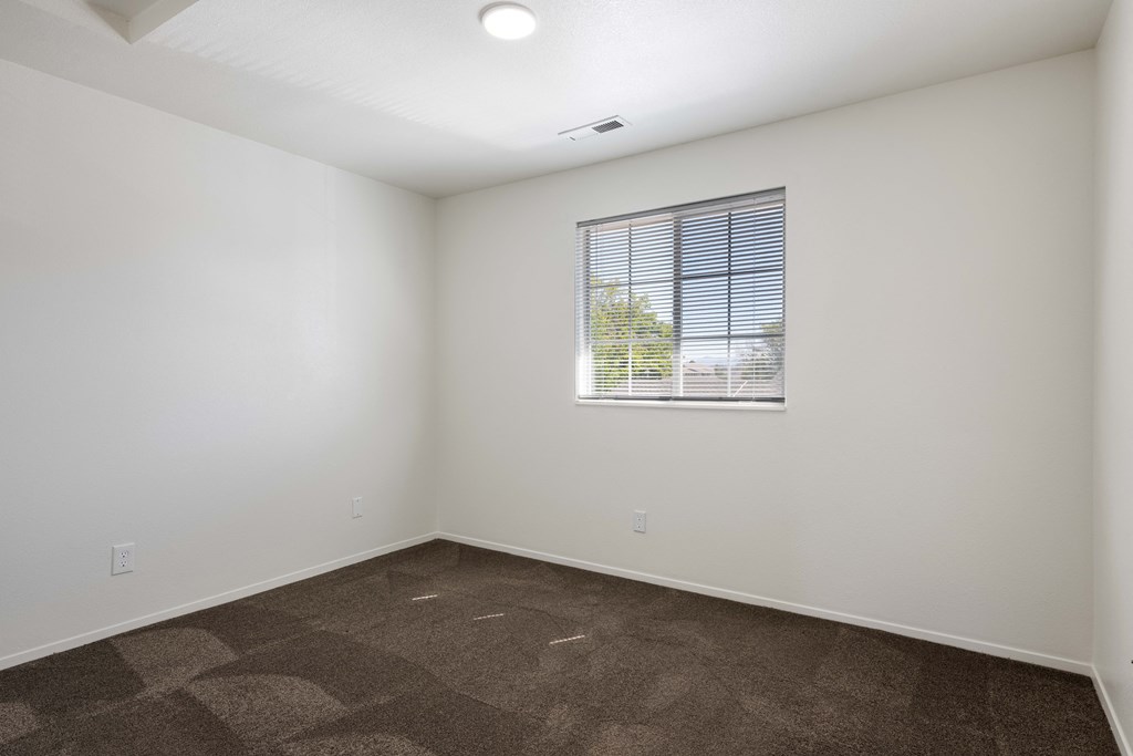 an empty room with carpet and a window