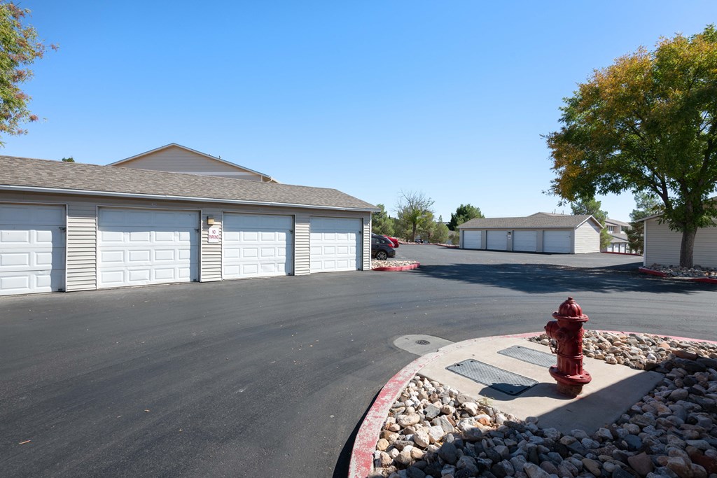 a fire hydrant on the corner of a street in front of a garage door