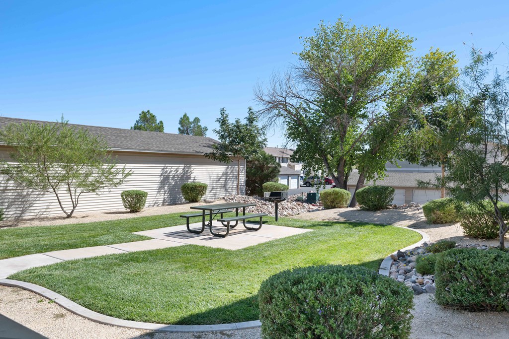 a picnic area with a picnic table in a yard