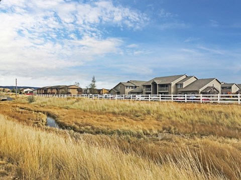 A row of houses with a grassy field in the foreground.