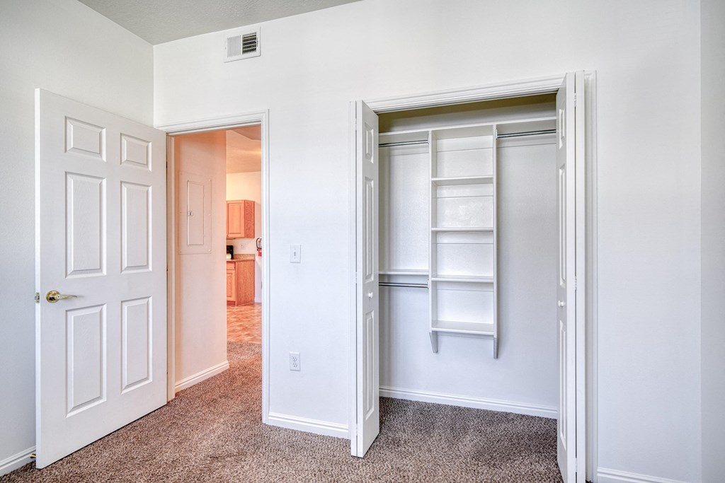 a bedroom with a closet and an open door