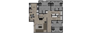 A floor plan of a house with a living room, kitchen, pantry, and four bedrooms.