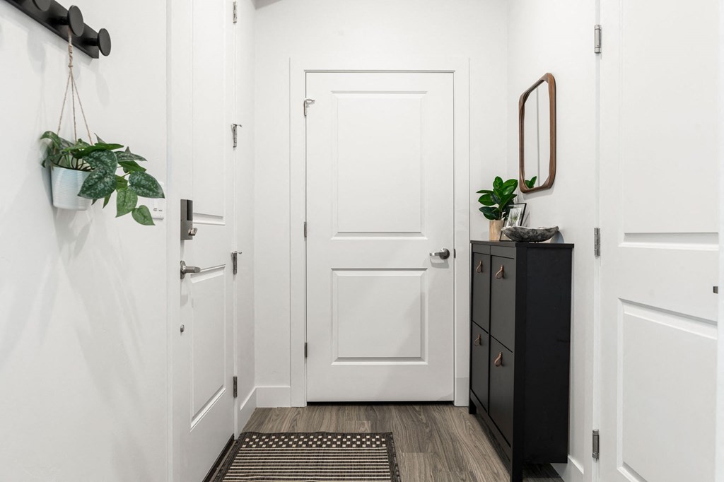 a hallway with a white door and a black dresser with a plant on it
