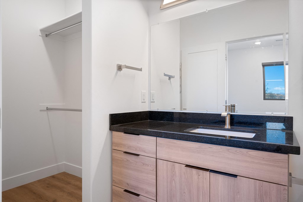 a bathroom with a sink and a mirror