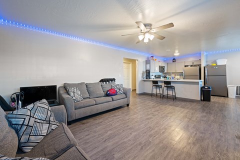 A living room with a grey couch and a ceiling fan.