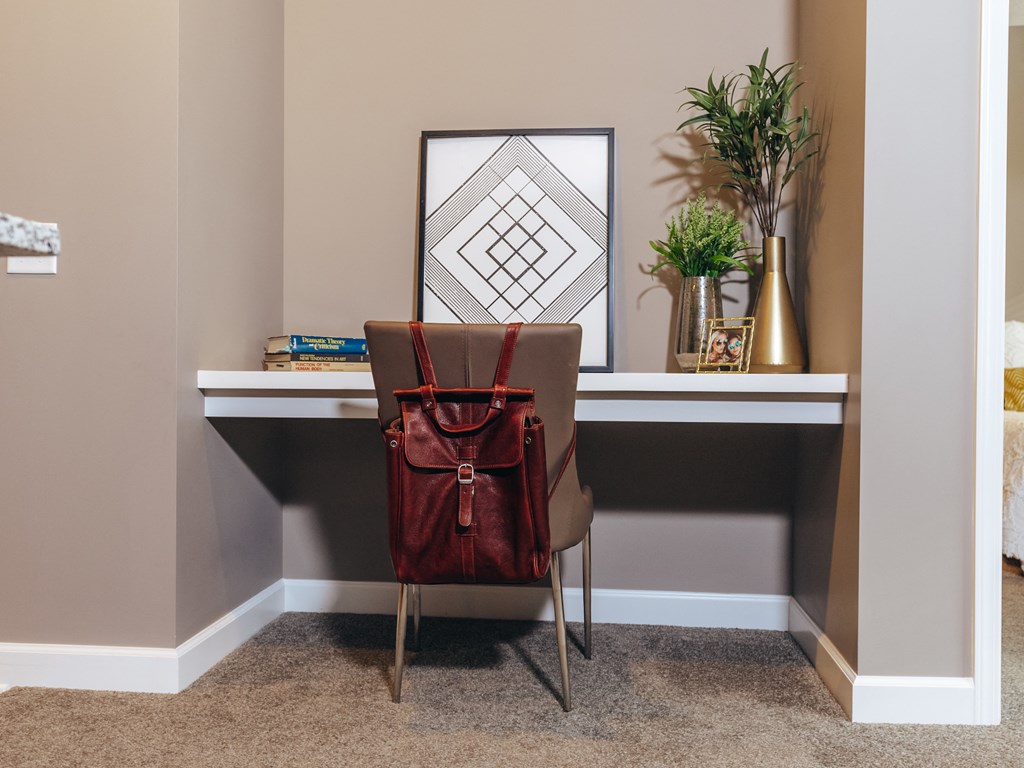 a backpack sitting on a chair at a desk