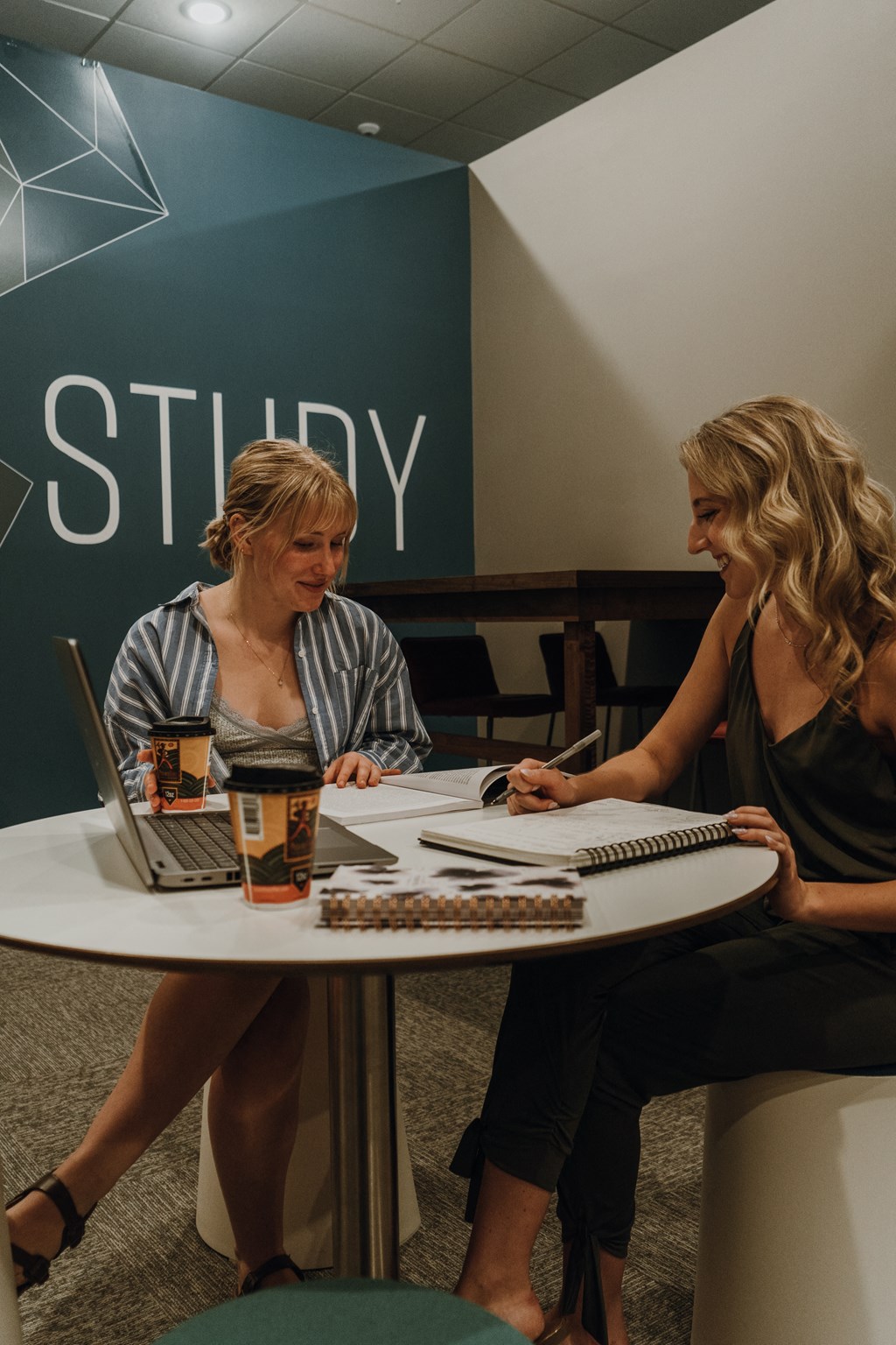 two women sitting at a table with their laptops