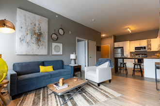 a living room with a couch and a chair and a kitchen