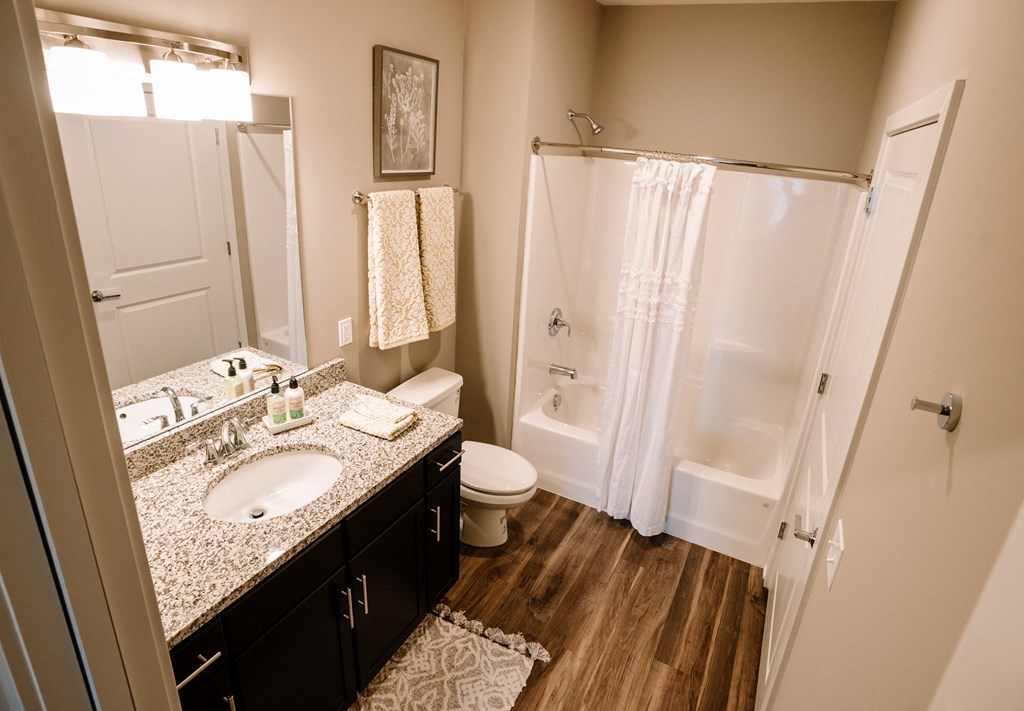 a bathroom with a sink and a shower and a toilet