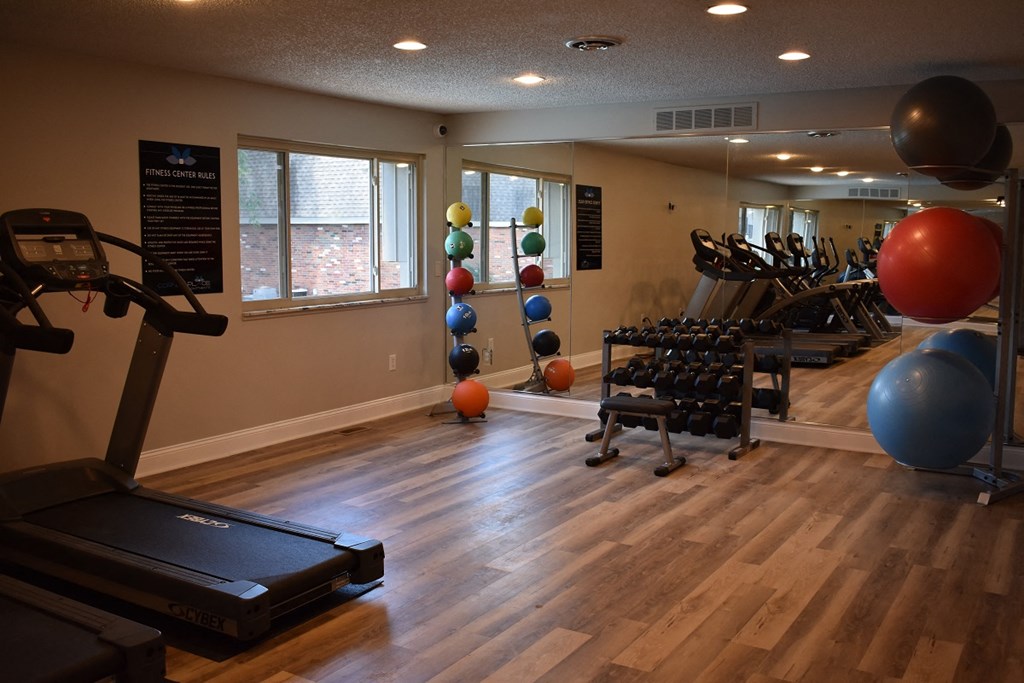 a gym with treadmills and exercise balls on the floor