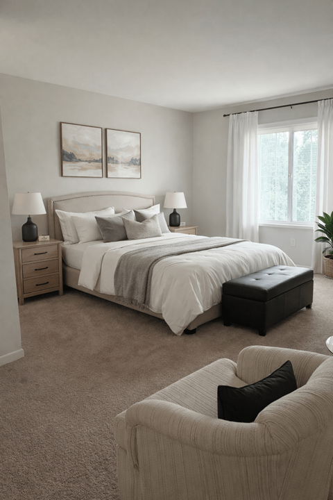 A bedroom with a large bed, a nightstand with a lamp, a chair with a cushion, and a painting on the wall.