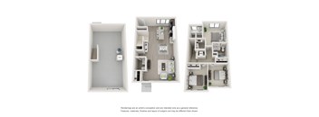 Floor plan of Maple Place townhome, 3-bedroom style (all 3 levels)
