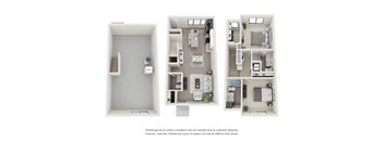 Floor plan of Maple Place townhome, standard style (all 3 levels)