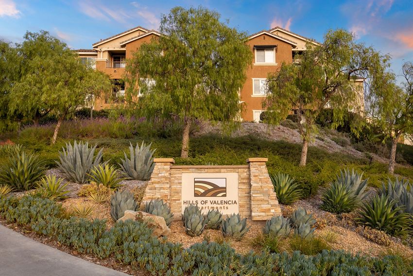 Hills of Valencia Apartments entrance signage and greenery - Photo Gallery 1