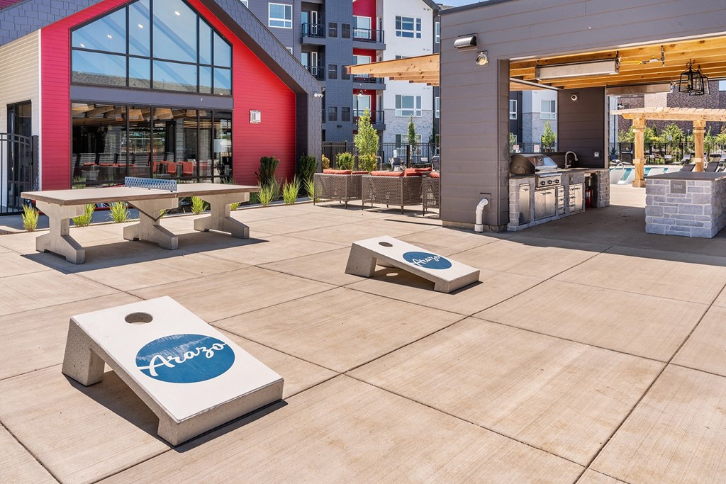 Arazo outdoor game area with sandbags and table tennis