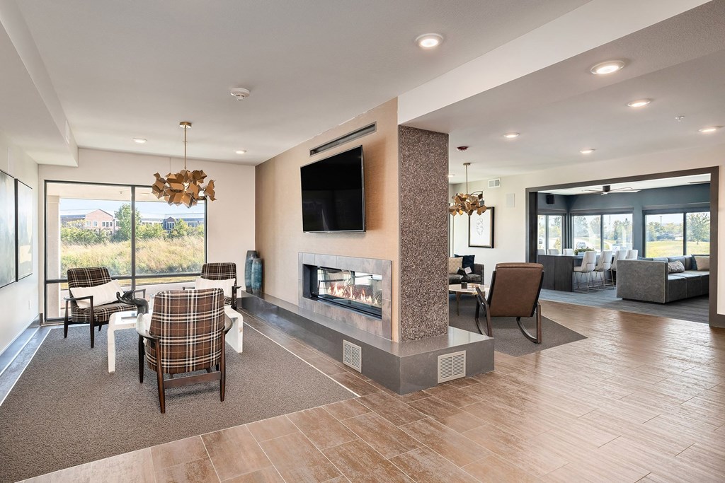 Element 25 clubhouse with fireplace and TVs