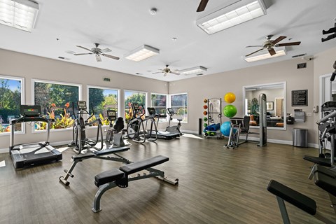 a gym with exercise equipment and windows