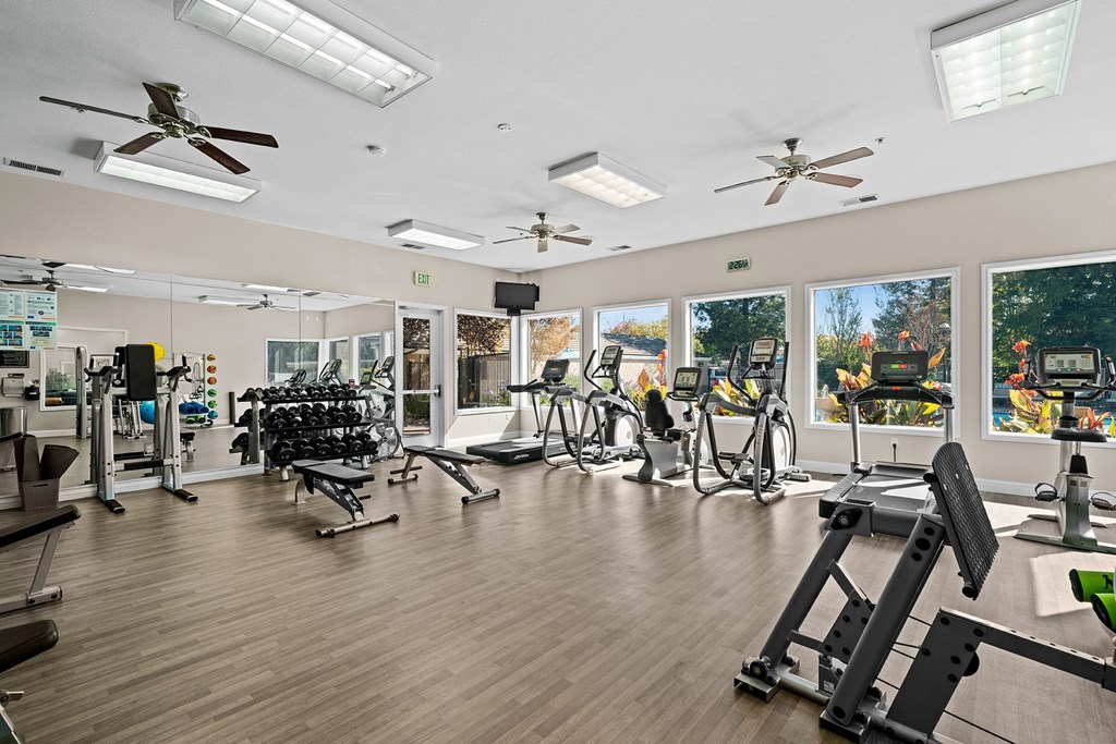 a gym with cardio equipment and windows