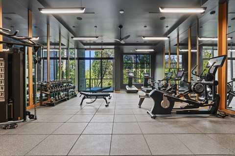 Fitness center with forest views and fresh air deck - Willow Apartments
