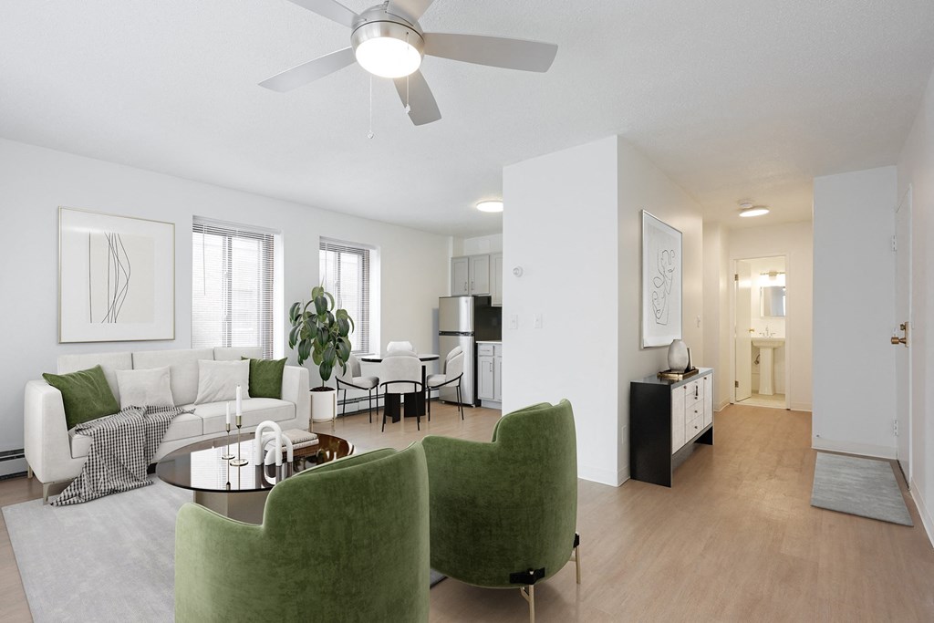 Lighted ceiling fans in living rooms - The Buckingham / The Commodore / The Parkway Apartments