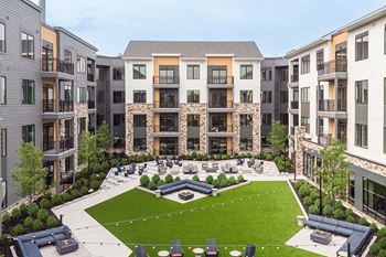 Aerial photo of 3 fire pit lounges - Stonehill at West Orange