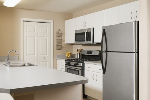 a kitchen with stainless steel appliances and white cabinets