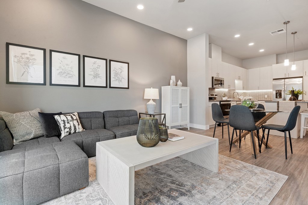 Arazo apartment interior with wood-style flooring and high ceilings