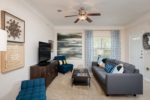 Carrington at Shoal Creek - Staged living room with ceiling fan