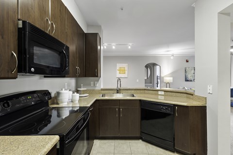 A kitchen with black appliances and brown cabinets.