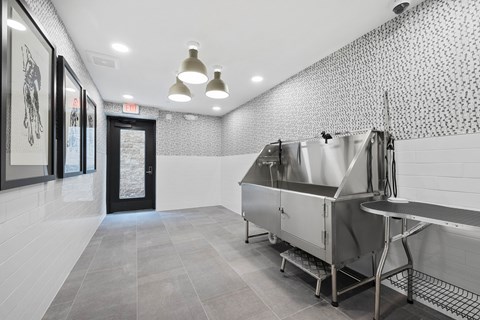 A clean, modern kitchen with a large stainless steel sink and a black door.
