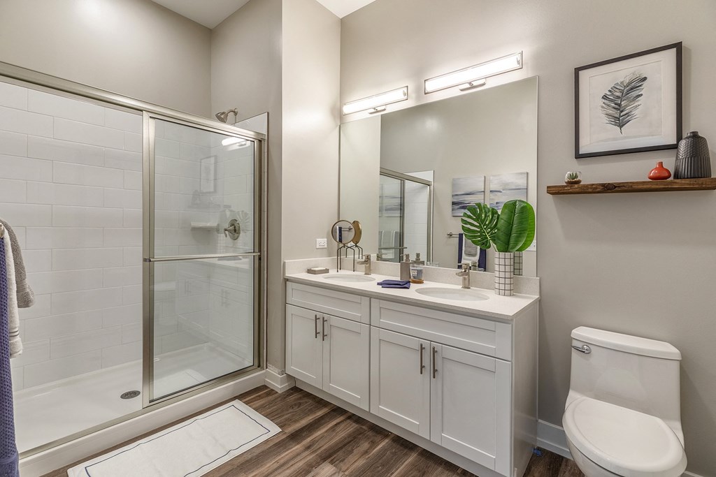 The Airdrie at Paoli Station double sink vanity and glass enclosed shower