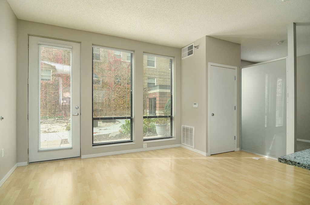 Wood-style flooring and large windows - Eitel Apartments