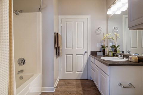Island Park and Harbor Town Square Apartments - Wood-style flooring in bathrooms