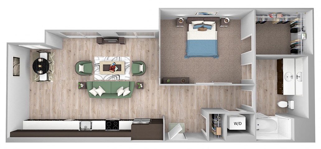 La Via - A01e - studio - 1 bath - 3D floor plan