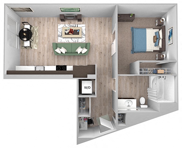 La Via - A01f - studio - 1 bath - 3D floor plan