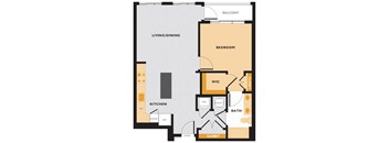 A floor plan of an apartment with a living room, kitchen, bathroom, and bedroom.