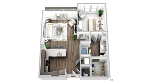 Juncture A1 floor plan 1 bed 1 bath 3D