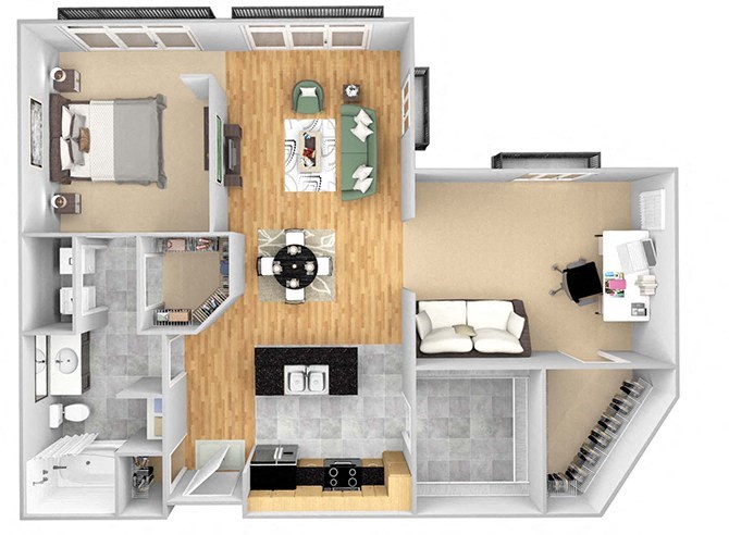 Lofts at Lakeview - A10 - 1 Bedroom 1 Bath - 3D Floor Plan Lofts at Lakeview - A10 - 1 Bedroom 1 Bath - 3D Floor Plan