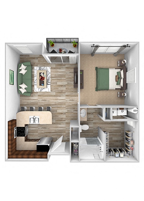 ABQ Uptown Apartments - A10 - 1 bedroom and 1 bath - 3D floor plan