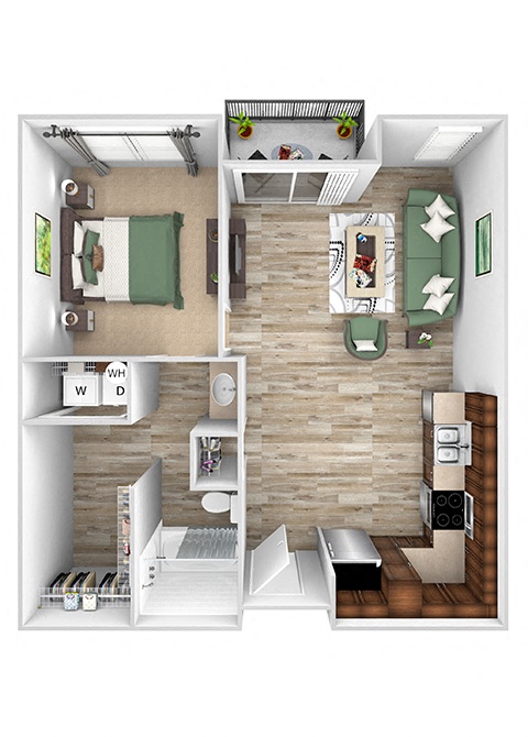 ABQ Uptown Apartments - A1 - Studio and 1 bath - 3D floor plan