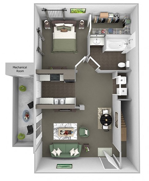 Antelope Ridge - A1 Oryx with Garage - 1Bed 1 Bath - 3D Floor Plan